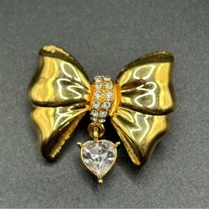 Vintage Monet Gold Bow Brooch with Crystal Accent